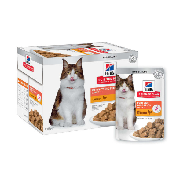 Hills Science Plan Perfect Digestion влажный корм для взрослых кошек, для идеального пищеварения с курицей, в паучах - 85 г x 12 шт