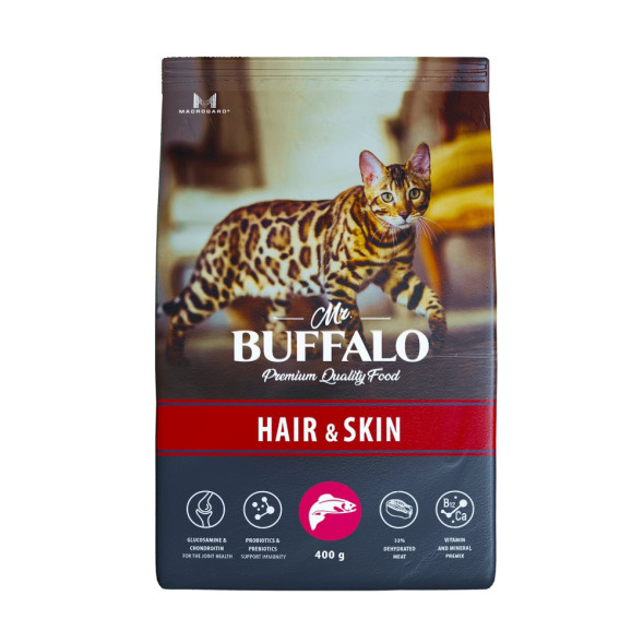 Mr.Buffalo Hair &amp;amp; Skin Adult полнорационный сухой корм для взрослых котов и кошек, для здоровой кожи и красивой шерсти, с лососем - 400 г