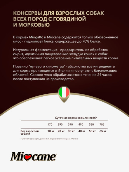 Miocane влажный корм для взрослых собак паштет с говядиной и морковью, в консервах - 400 г х 24 шт