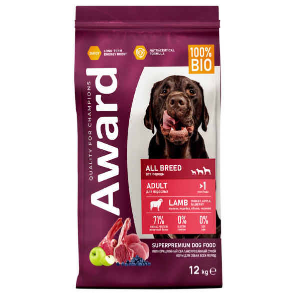 AWARD сухой корм для взрослых собак всех пород, с ягненком, индейкой, яблоком и черникой - 12 кг