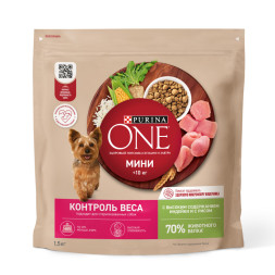 Purina ONE Мини сухой корм для собак мелких пород при склоннности к набору веса с индейкой - 1,5 кг