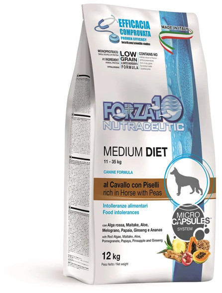Forza10 Med Diet Low Grain Cav полнорационный диетический корм для взрослых собак средних пород из конины, гороха и риса с микрокапсулами - 12 кг
