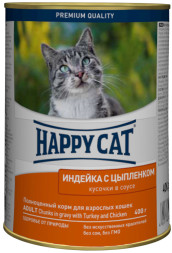 Happy Cat консервы для взрослых кошек с индейкой и цыпленком в соусе - 400 г х 12 шт (Россия)