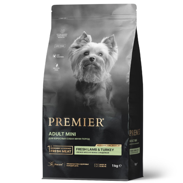 Premier Dog Lamb &amp;amp; Turkey Adult Mini сухой корм для собак мелких пород, свежее мясо ягненка с индейкой - 1 кг