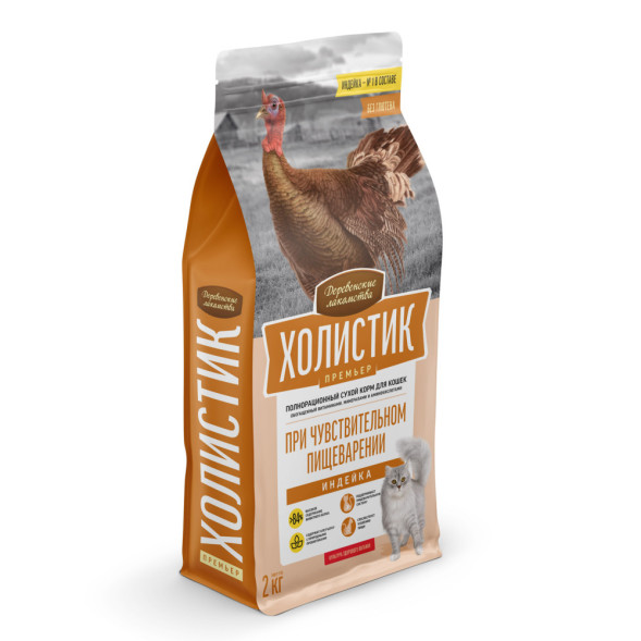 Деревенские лакомства Холистик Премьер сухой корм для кошек при чувствительном пищеварении, с индейкой - 2 кг