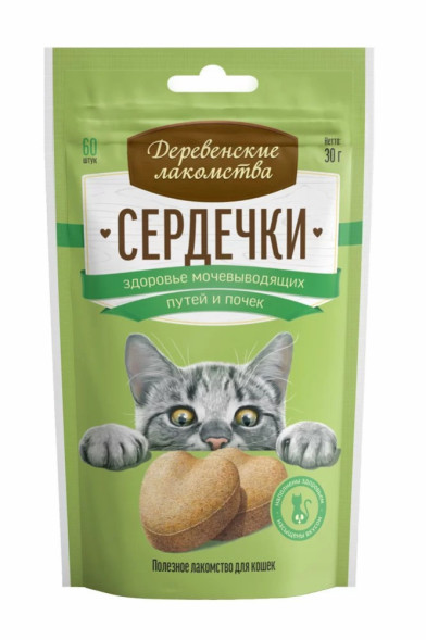 Деревенские лакомства сердечки для кошек для здоровья мочевыводящих путей и почек - 30 г