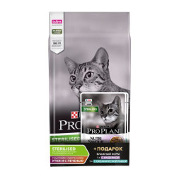 Сухой корм для кошек Pro Plan Sterilised с уткой и печенью, 1,5 кг + Влажный корм для кошек Pro Plan Sterilised с рыбой, индейкой 85 г х 2 шт.