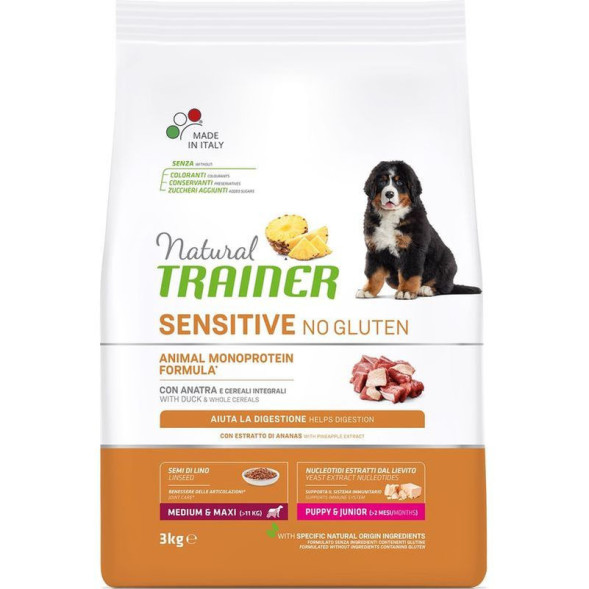 Trainer Natural Dog Sensitive Puppy &amp;amp; Junior сухой безглютеновый корм для щенков средних и крупных пород с чувствительным пищеварением с уткой - 3 кг
