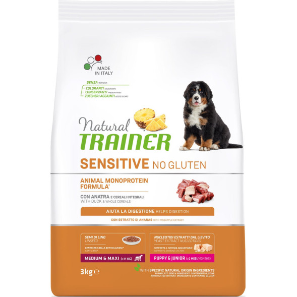 Trainer Natural Dog Sensitive Puppy &amp;amp; Junior сухой безглютеновый корм для щенков средних и крупных пород с чувствительным пищеварением с уткой - 3 кг