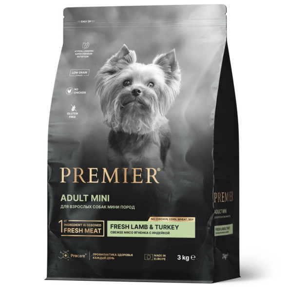 Premier Dog Lamb &amp;amp; Turkey Adult Mini сухой корм для собак мелких пород, свежее мясо ягненка с индейкой - 3 кг