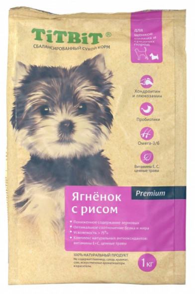 TiTBiT сухой корм для щенков мелких и средних пород с ягненком и рисом - 1 кг