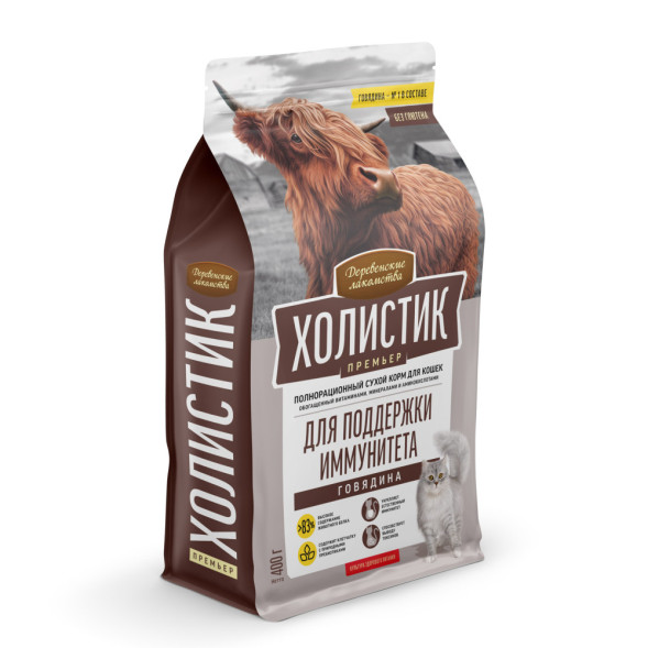 Деревенские лакомства Холистик Премьер сухой корм для кошек, для поддержки иммунитета, с говядиной - 400 г