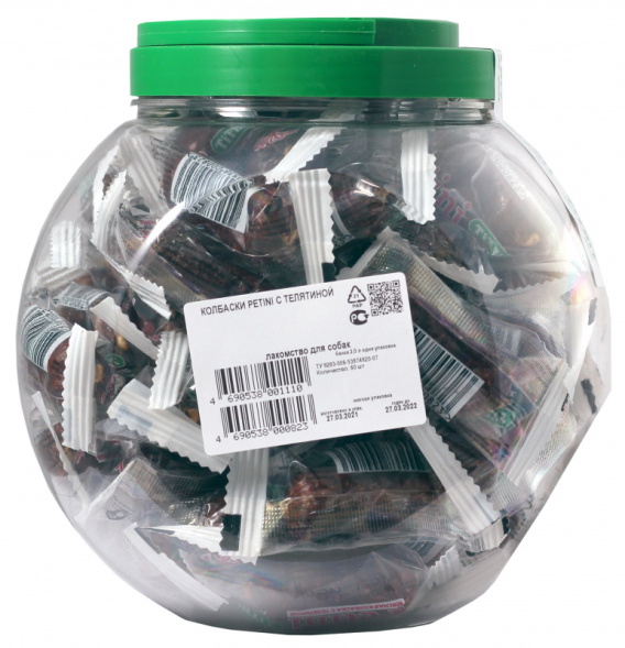 TiTBiT лакомство для собак колбаски Petini с телятиной (банка 60 шт)