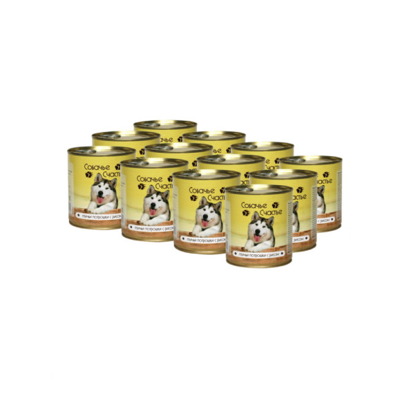 Собачье Счастье влажный корм для собак с птичьими потрошками и рисом, в консервах - 750 г х 12 шт