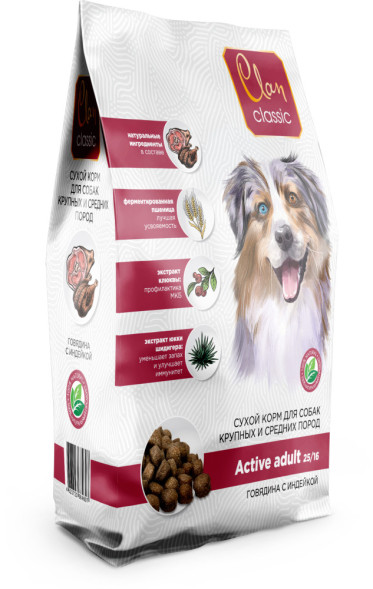 Clan Classic Active 25/16 сухой корм для взрослых активных собак крупных и средних пород, с говядиной и индейкой - 3 кг