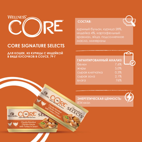 Wellness Core Signature Selects влажный корм для кошек с курицей и индейкой в виде кусочков в соусе в консервах - 79 г х 24 шт