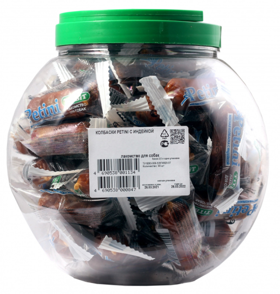 TiTBiT лакомство для собак колбаски Petini с индейкой (банка 60 шт)