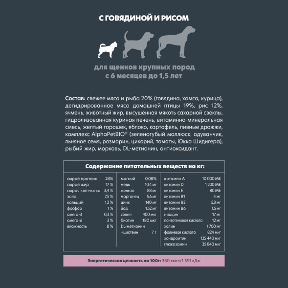 AlphaPet Superpremium сухой полнорационный корм для щенков крупных пород с 6 месяцев до 1,5 лет с говядиной и рисом - 12 кг