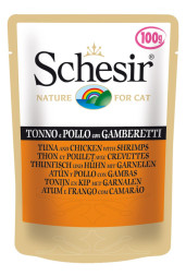Schesir Cat Adult влажный корм для взрослых кошек с тунцом, курицей и креветками в паучах - 100 г х 20 шт