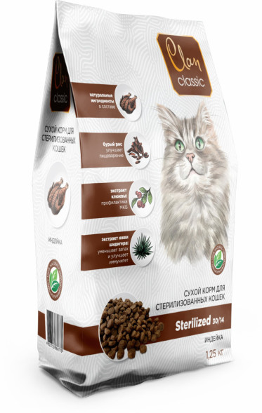 Clan Classic Sterilized 30/14 сухой корм для взрослых стерилизованных кошек с индейкой - 1,25 кг