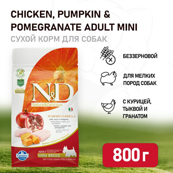 Farmina N&amp;amp;D Pumpkin Dog Grain Free Chicken &amp;amp; Pomegranate Adult Mini сухой беззерновой корм для взрослых собак мелких пород с курицей, гранатом и тыквой - 800 г