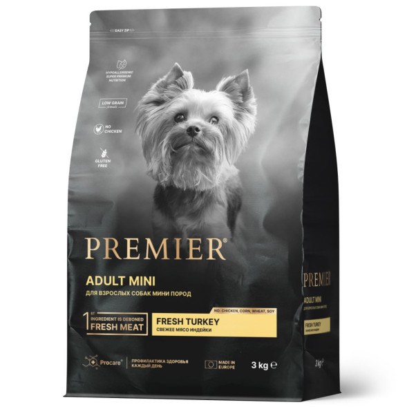 Premier Dog Turkey Adult Mini сухой корм для собак мелких пород, свежее мясо индейки - 3 кг