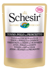 Schesir Cat Adult влажный корм для взрослых кошек с тунцом, курицей и ветчиной в паучах - 100 г х 20 шт