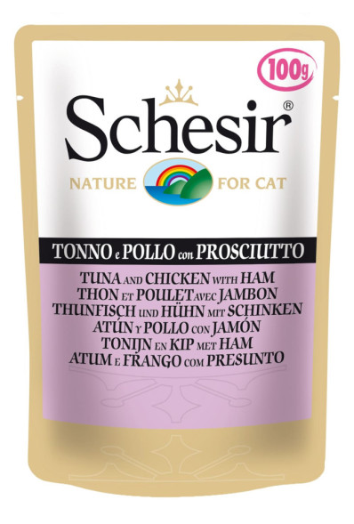 Schesir Cat Adult влажный корм для взрослых кошек с тунцом, курицей и ветчиной в паучах - 100 г х 20 шт