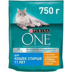 Сухой корм Purina ONE для кошек старше 11 лет с курицей и цельными злаками, 750 г