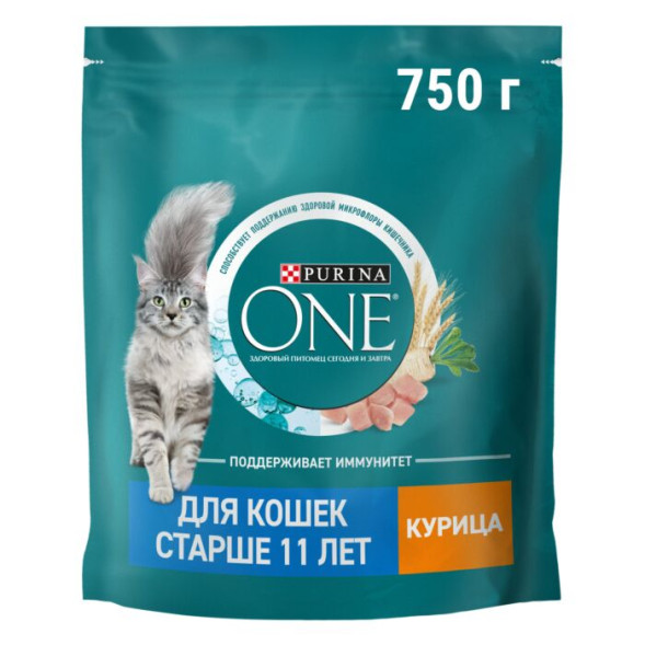 Сухой корм Purina ONE для кошек старше 11 лет с курицей и цельными злаками, 750 г