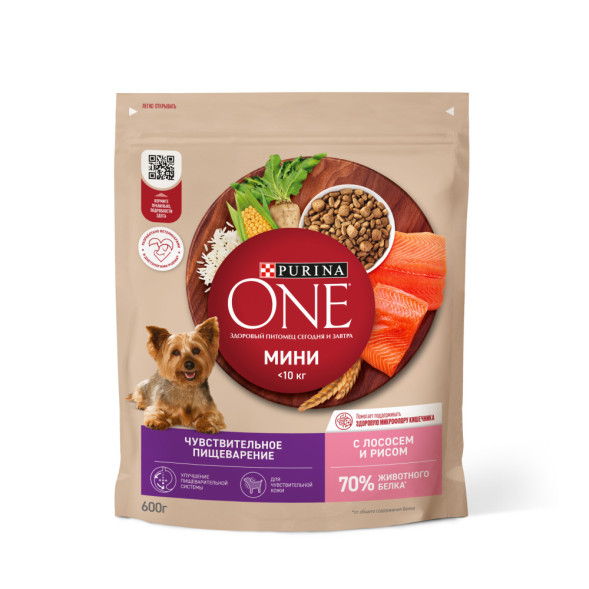 Purina ONE Мини сухой корм для собак мелких пород при чувствительном пищеварении с лососем - 600 г