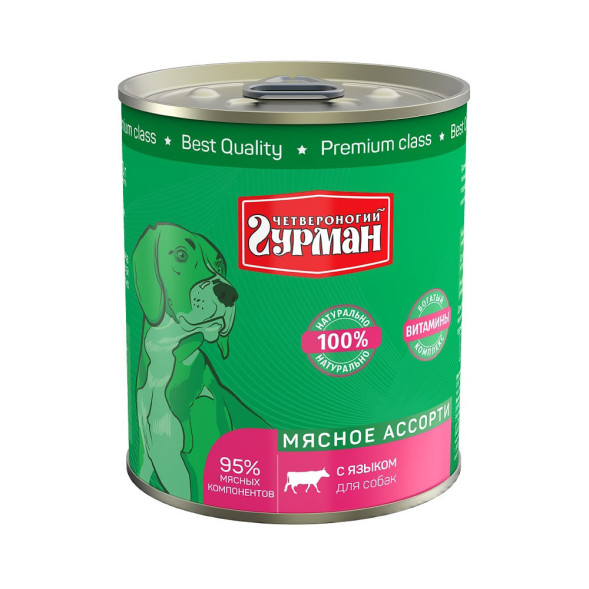 Четвероногий Гурман Мясное ассорти консервированный корм для собак с языком - 340 г (12 шт)