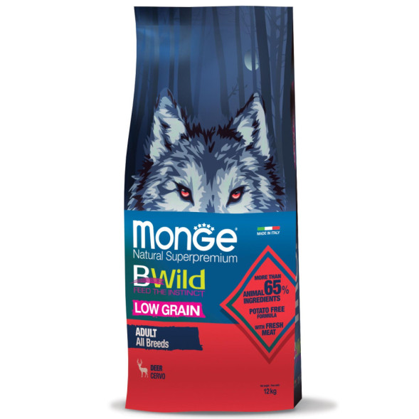 Monge Dog BWild Low Grain сухой низкозерновой корм из мяса оленя для взрослых собак всех пород - 12 кг