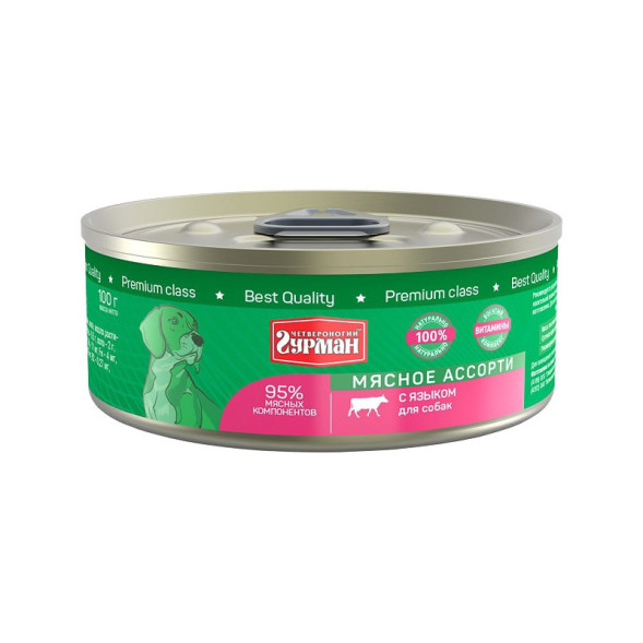 Четвероногий Гурман Мясное ассорти консервированный корм с языком для собак - 100 г (24 шт)