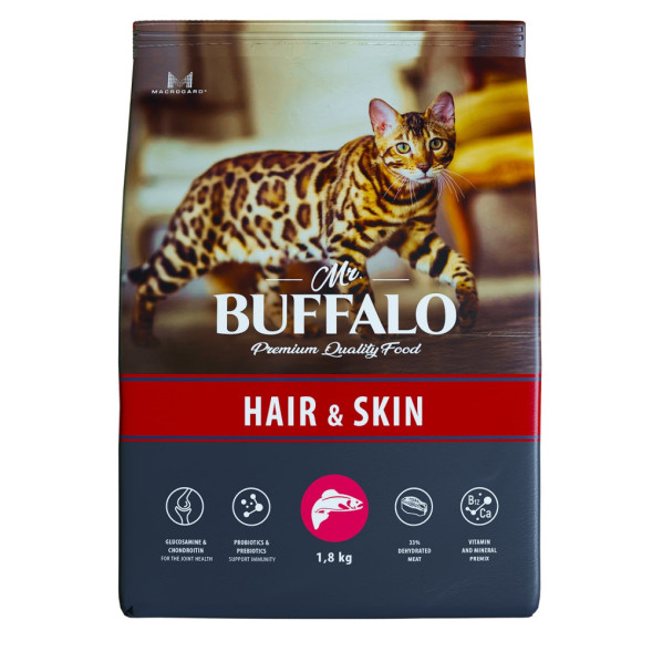 Mr.Buffalo Hair &amp;amp; Skin Adult полнорационный сухой корм для взрослых котов и кошек, для здоровой кожи и красивой шерсти, с лососем - 1,8 кг
