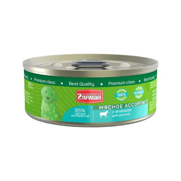 Четвероногий Гурман Мясное ассорти консервированный корм с ягнёнком для щенков - 100 г (24 шт)
