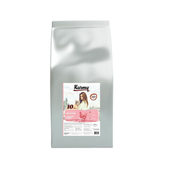 Karmy Delicious сухой корм для взрослых кошек, привередливых в питании, с курицей - 10 кг
