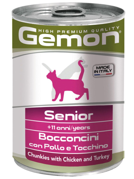 Gemon Cat влажный корм для пожилых кошек кусочки курицы с индейкой в консервах - 415 г х 24 шт