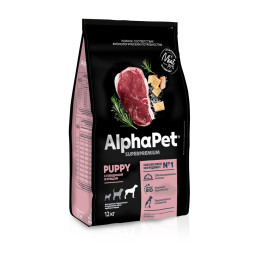 AlphaPet Superpremium сухой полнорационный корм для щенков до 6 месяцев, беременных и кормящих собак крупных пород с говядиной и рубцом - 12 кг