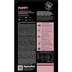 AlphaPet Superpremium сухой полнорационный корм для щенков до 6 месяцев, беременных и кормящих собак крупных пород с говядиной и рубцом - 12 кг