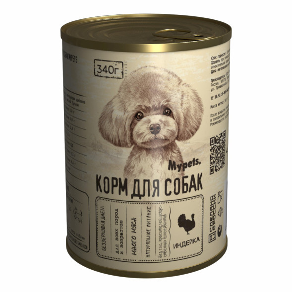 Mypets влажный корм для взрослых собак с индейкой, в консервах - 340 г х 12 шт