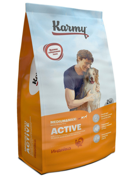 Karmy Active Medium &amp;amp; Maxi сухой корм для взрослых собак средних и крупных пород при высоких физических нагрузках с индейкой - 2 кг