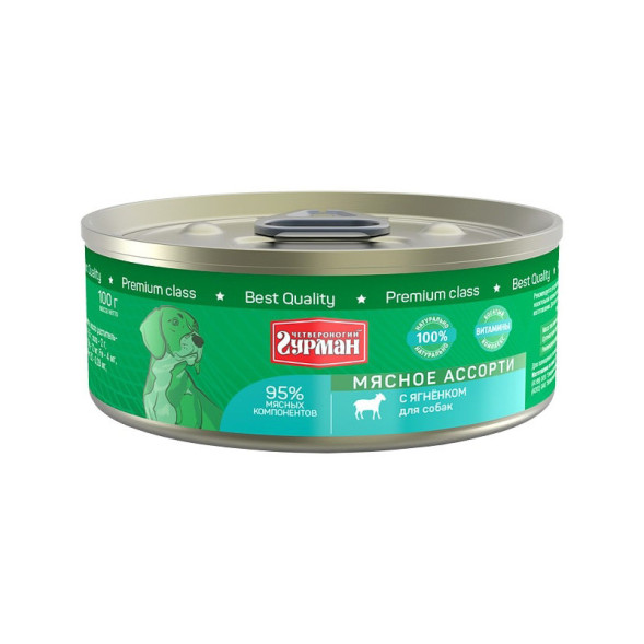 Четвероногий Гурман Мясное ассорти консервированный корм с ягнёнком для собак - 100 г (24 шт)