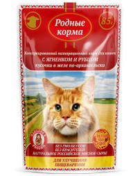 Родные Корма влажный корм для взрослых кошек с ягнёнком и рубцом кусочки в желе по-архангельски для улучшения пищеварения в паучах - 85 г х 32 шт