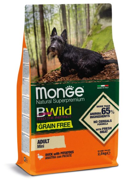 Monge Dog BWild Grain Free Mini сухой беззерновой корм из мяса утки с картофелем для взрослых собак мелких пород 2,5 кг