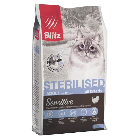Blitz Sensitive Sterilised Cats сухой корм для стерилизованных кошек, с индейкой - 2 кг