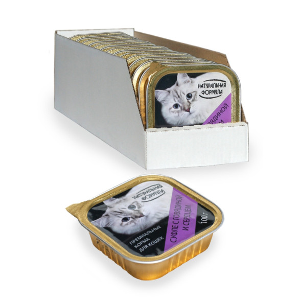 Натуральная формула влажный корм для кошек суфле с говядиной и сердцем, в ламистерах - 100 г х 15 шт