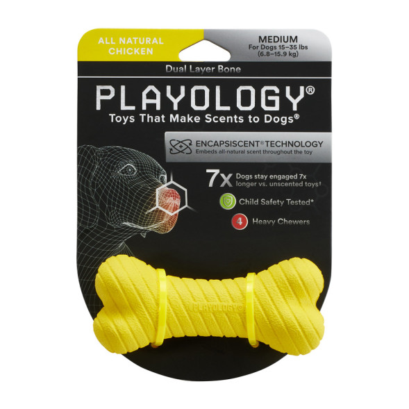 Playology DUAL LAYER BONE двухслойная жевательная косточка для собак с ароматом курицы, средняя, желтый