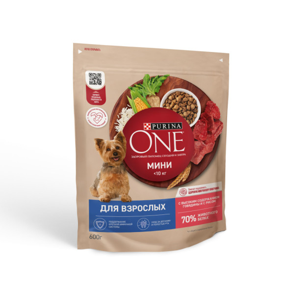 Purina ONE Мини сухой корм для собак мелких пород при активном образе жизни с говядиной и рисом - 600 г