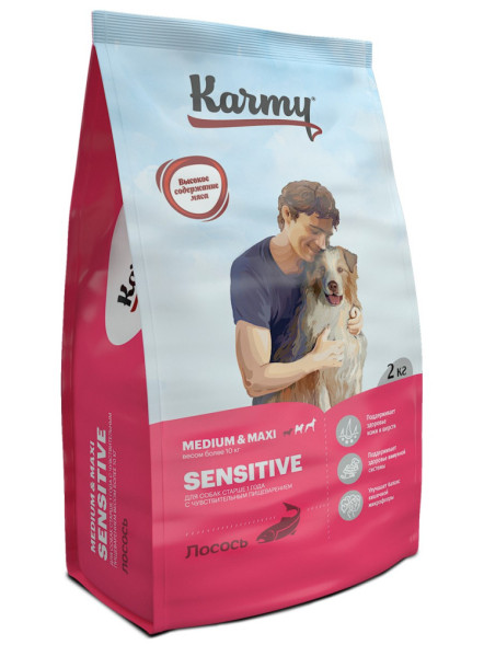 Karmy Sensitive Medium &amp;amp; Maxi сухой корм для взрослых собак средних и крупных пород с чувствительным пищеварением с лососем - 2 кг